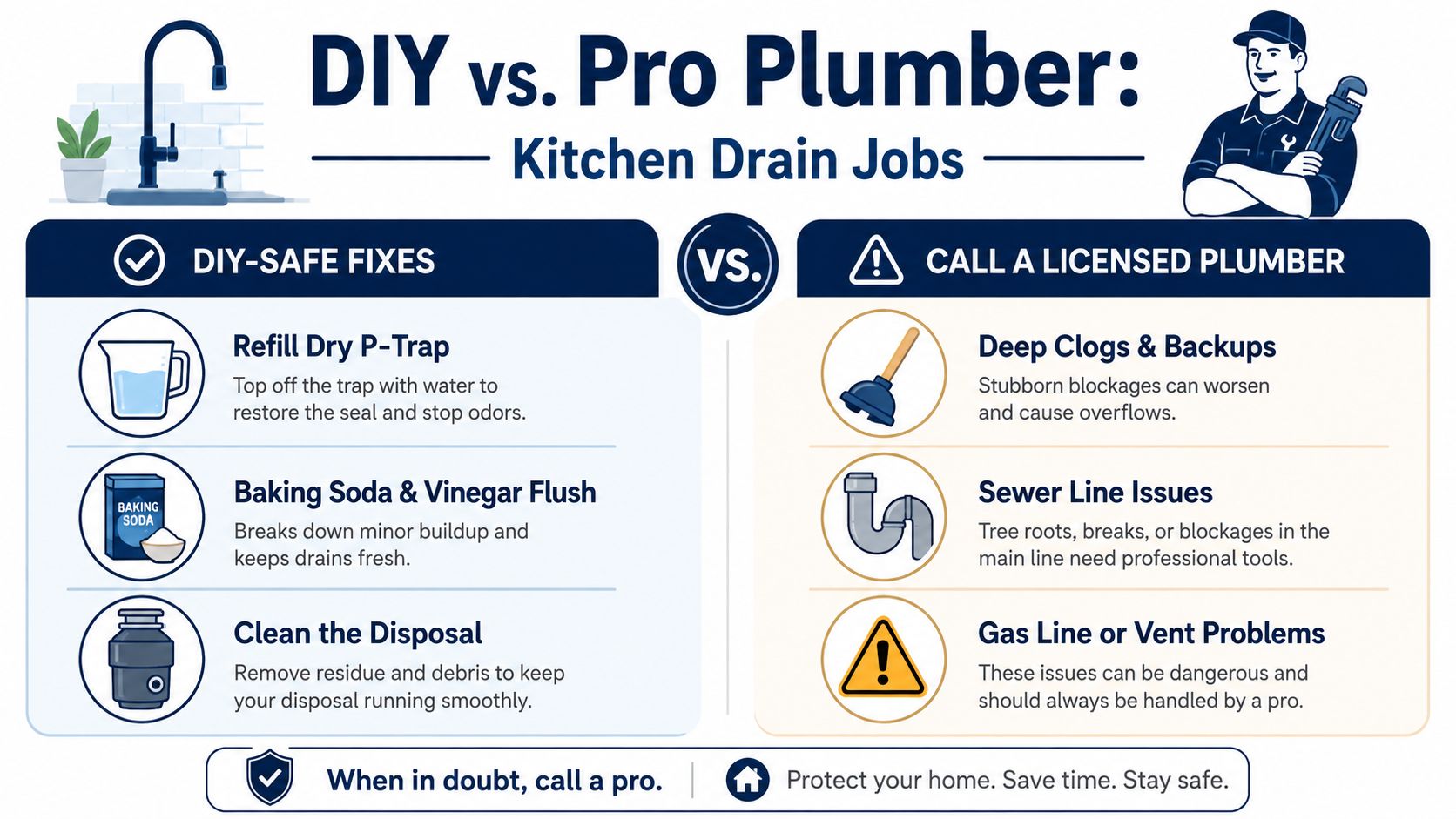 A comparison chart showing which kitchen drain issues are safe for DIY repairs versus professional plumbing help.