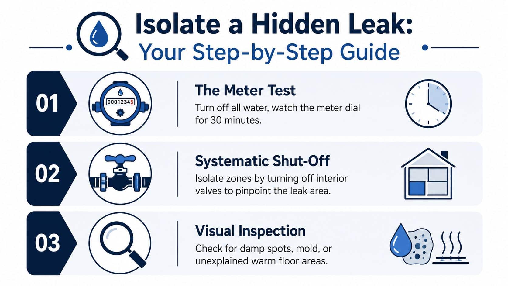A step-by-step infographic guide on how to isolate hidden water leaks at home.