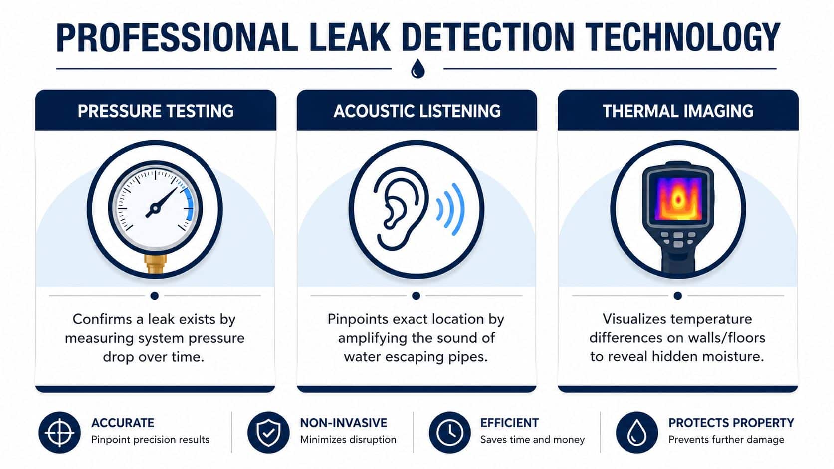 A professional infographic illustrating three leak detection technologies including pressure testing, acoustic listening, and thermal imaging.