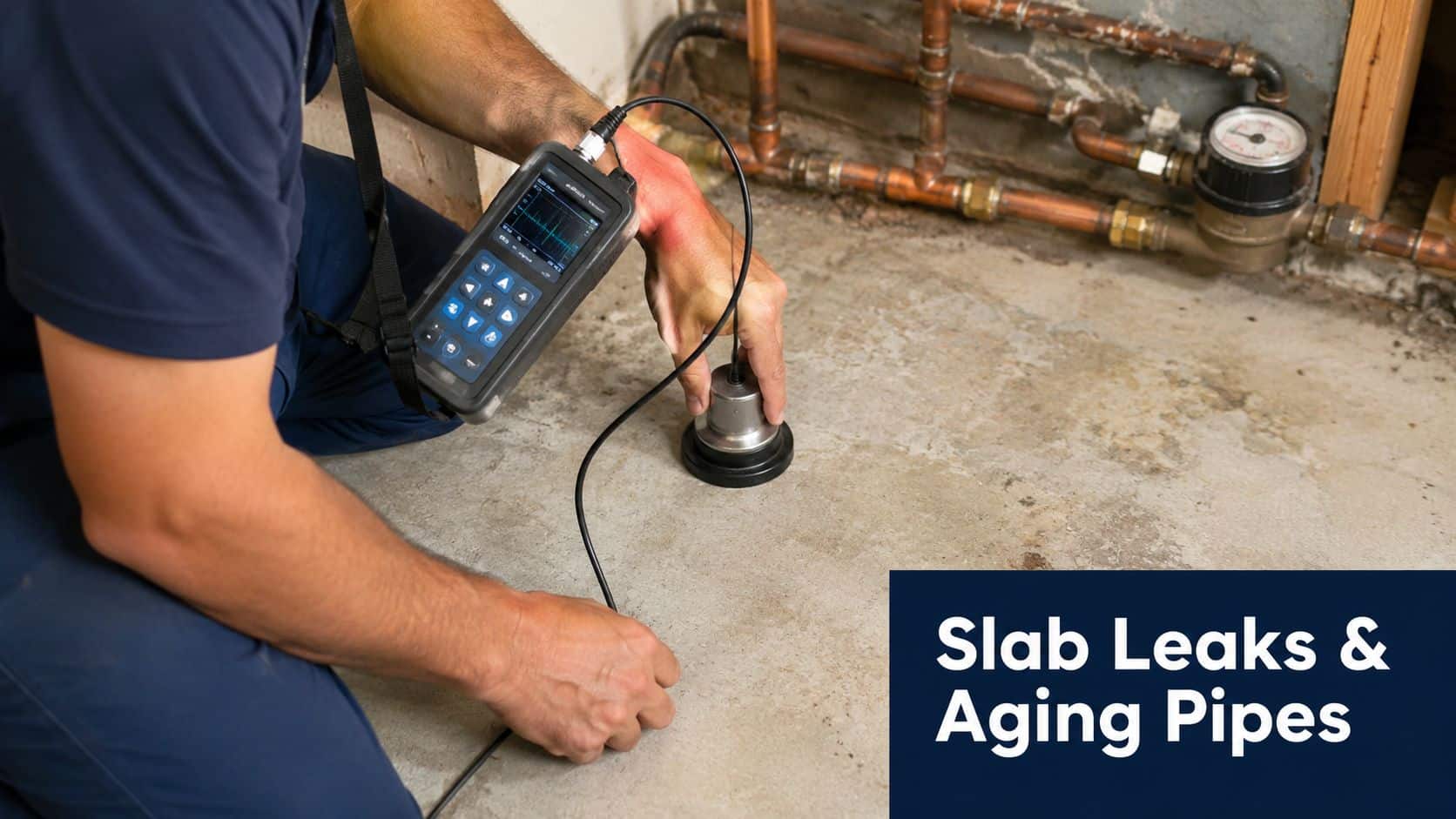 A professional plumber uses electronic leak detection equipment to locate a water leak under a concrete floor.