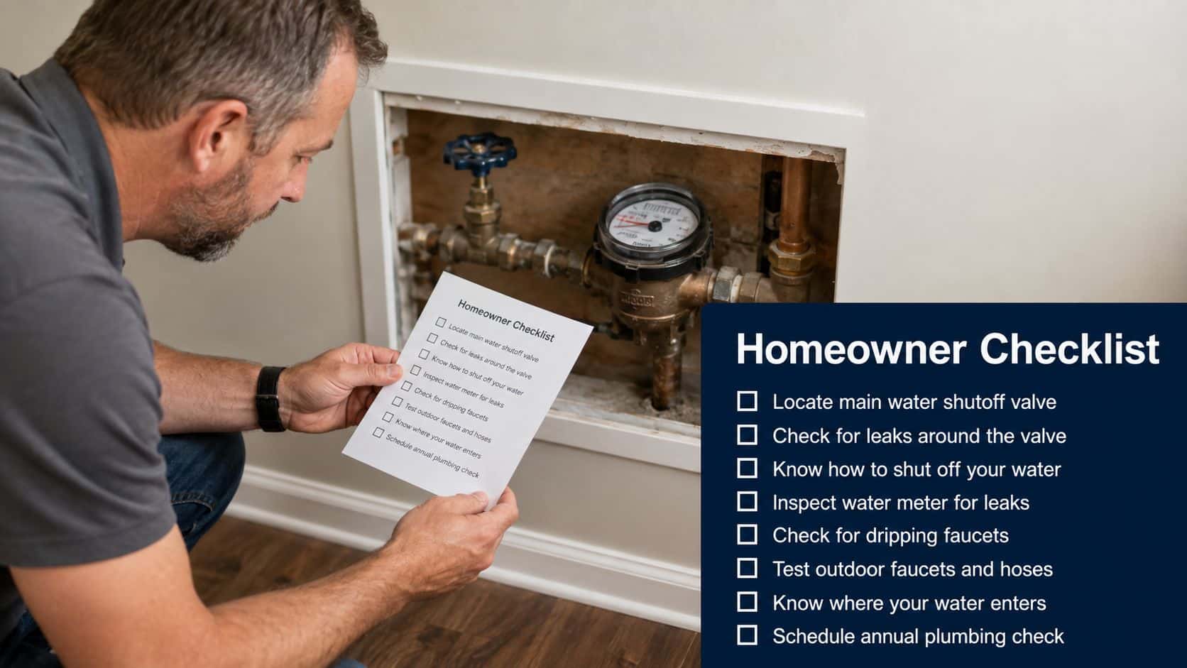 A professional plumber reviewing a homeowner checklist while inspecting the home's main water shutoff valve and meter.