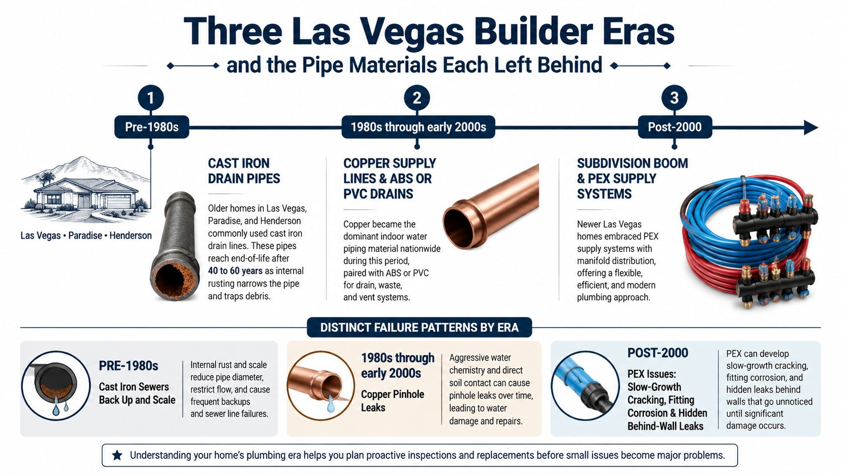 A diagram illustrating three Las Vegas home building eras and the typical pipe materials used in each.