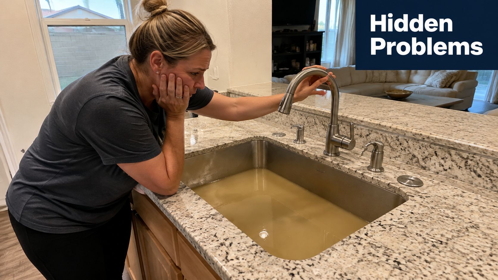 A concerned woman standing in a kitchen looking at a sink filled with brown, murky water.