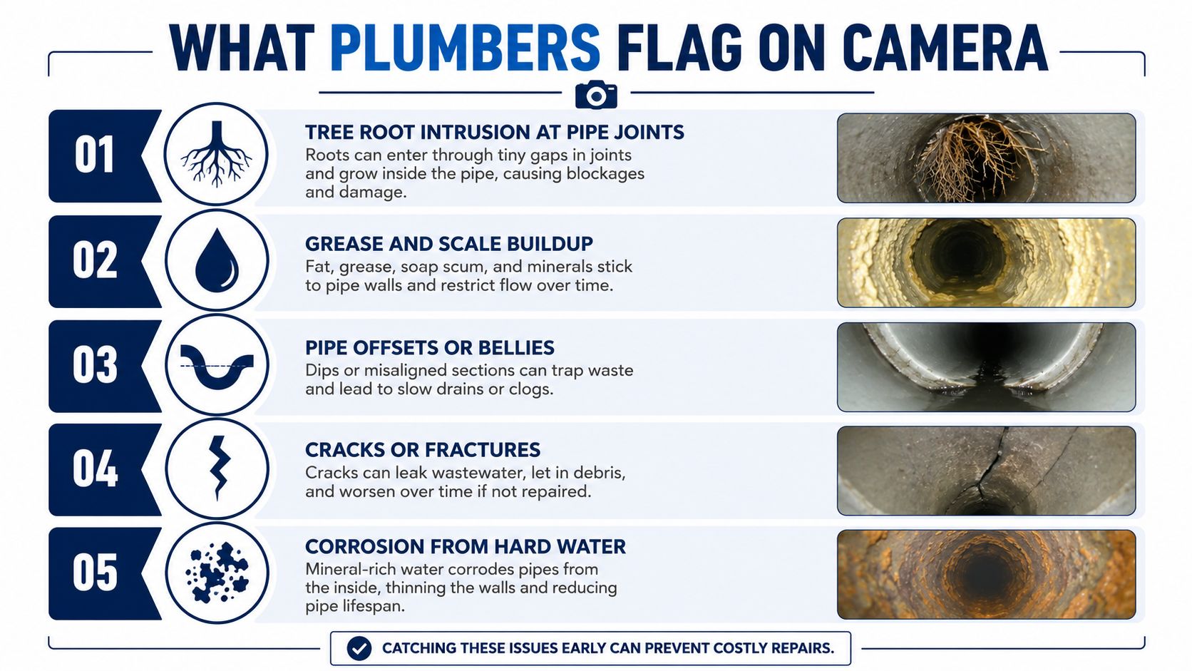A visual infographic explaining common plumbing issues identified during a professional sewer camera pipe inspection.