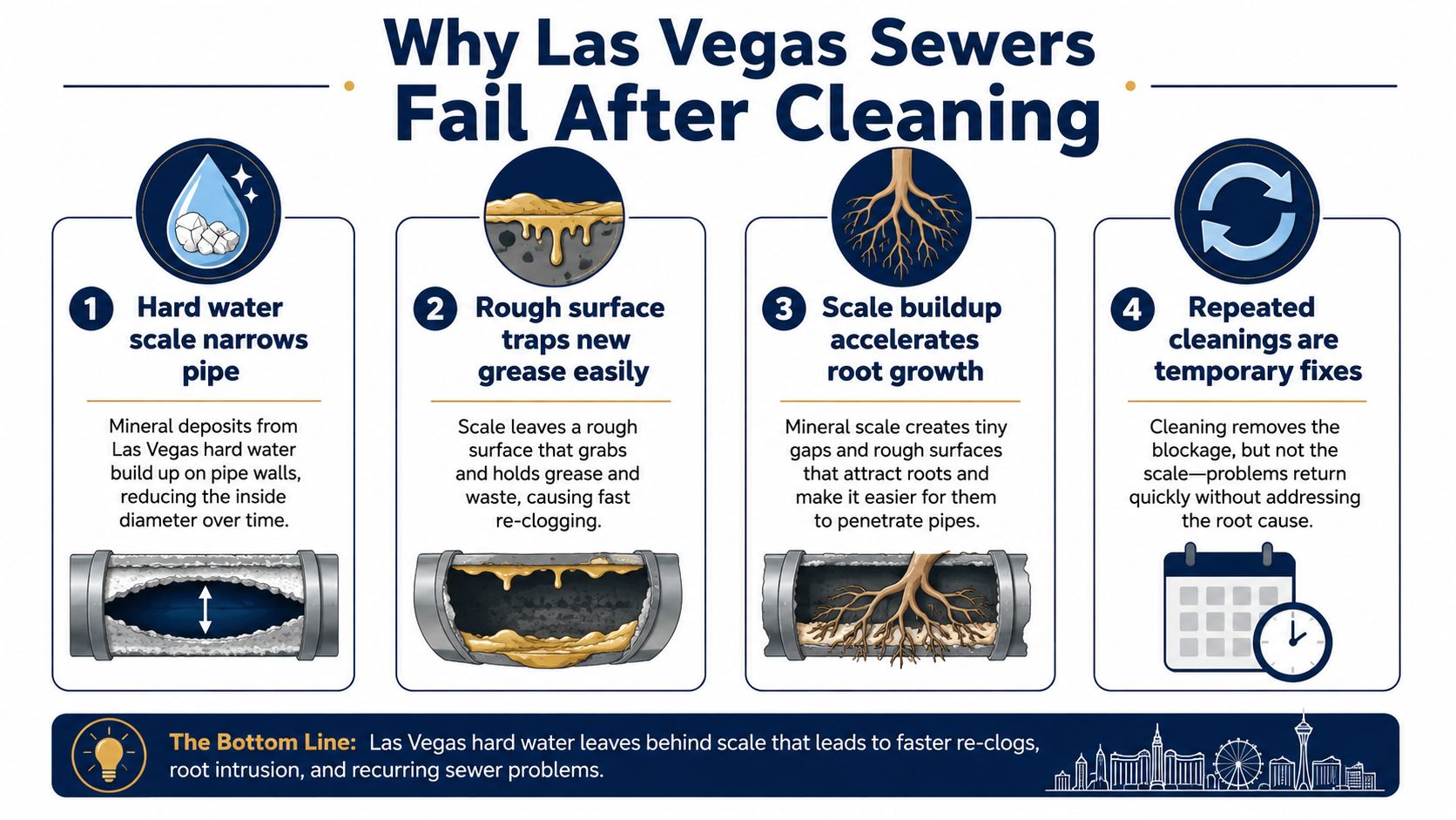 An infographic titled Why Las Vegas Sewers Fail After Cleaning, explaining how scale buildup causes plumbing blockages.