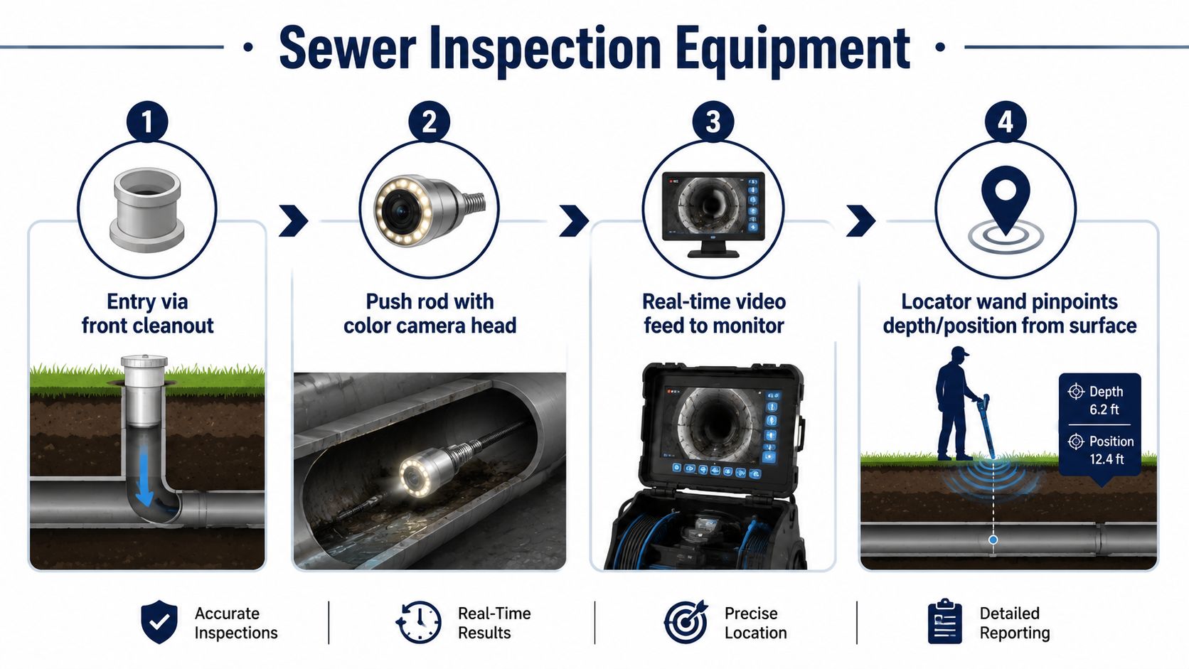A diagram illustrating the four-step sewer camera inspection process using a push rod camera and locator wand.