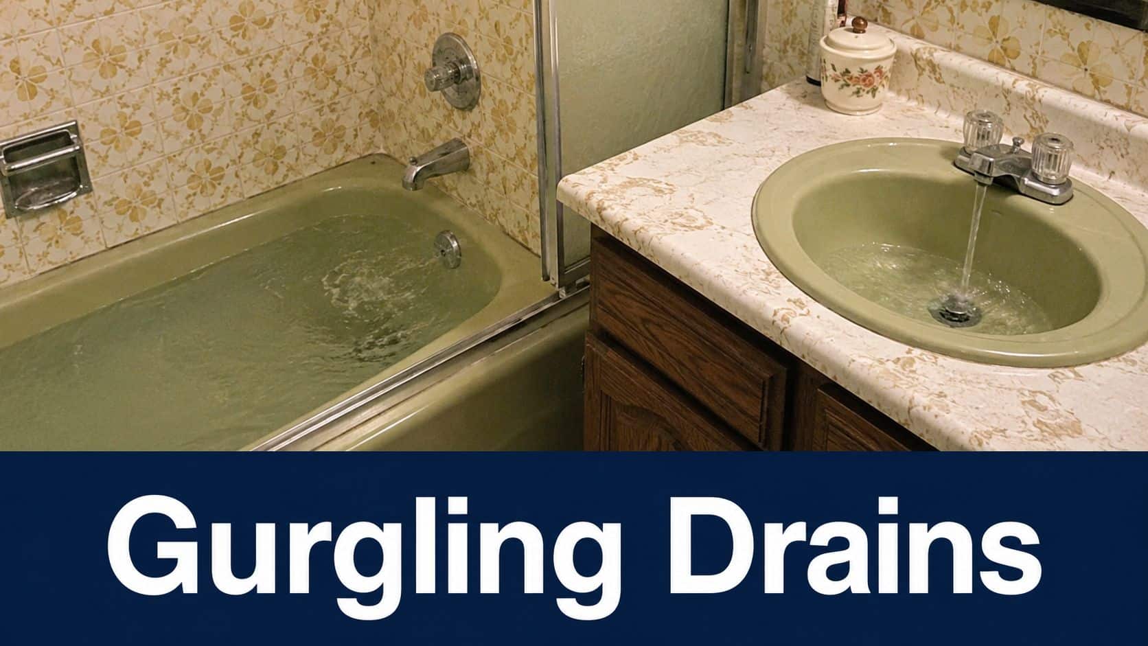 A vintage green bathroom vanity and bathtub with water running, highlighting common plumbing issues like gurgling drains.