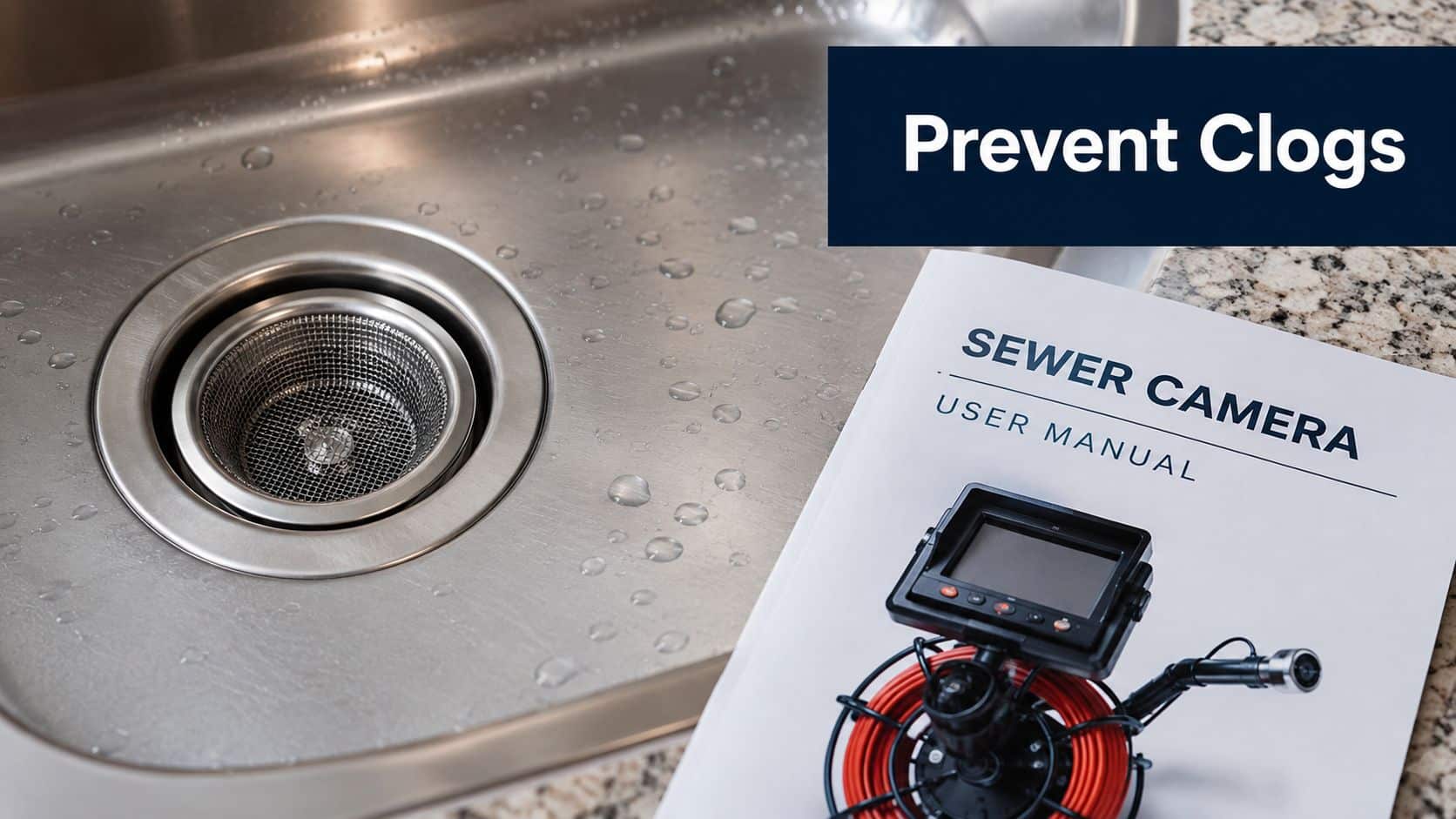 A sewer camera user manual resting on a granite countertop next to a stainless steel kitchen sink.