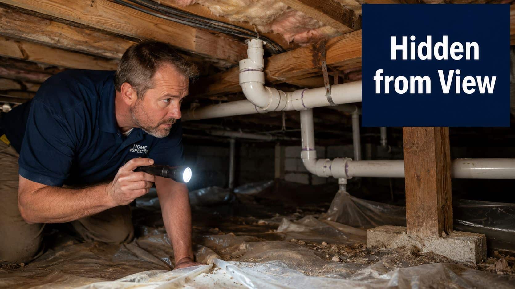 A professional home inspector using a flashlight to examine plumbing pipes in a dark residential crawlspace.