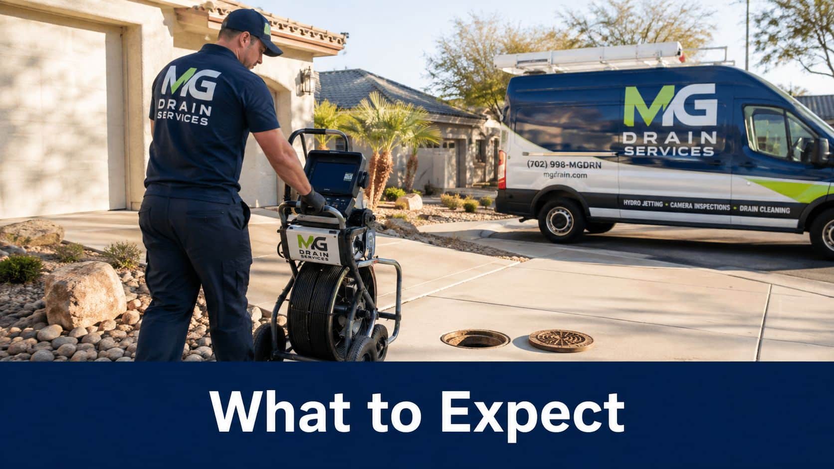 A professional drain services technician preparing to perform a camera inspection on a residential sewer line in Las Vegas.