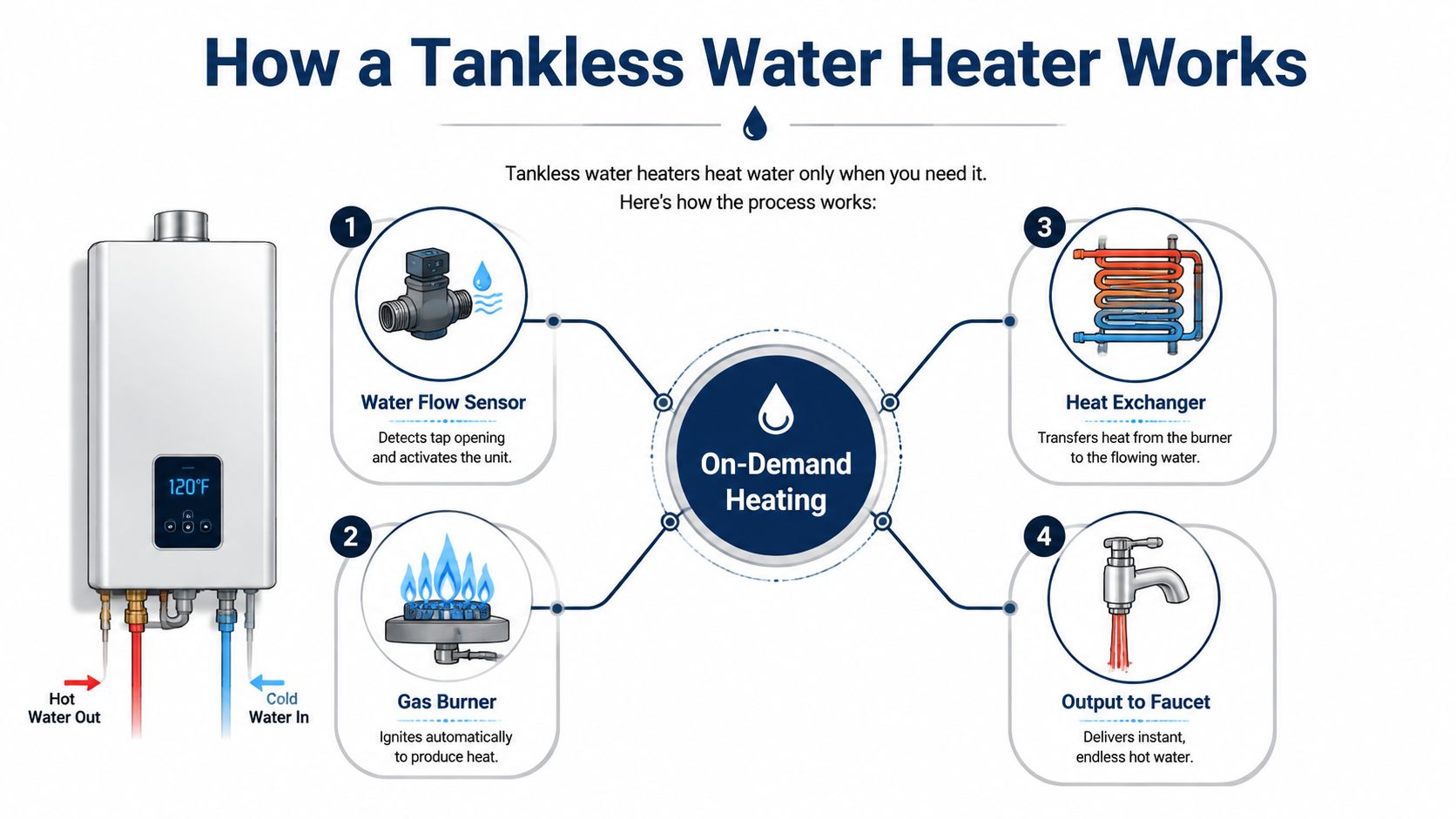A process flow diagram explaining how a tankless water heater provides on-demand hot water using four steps.