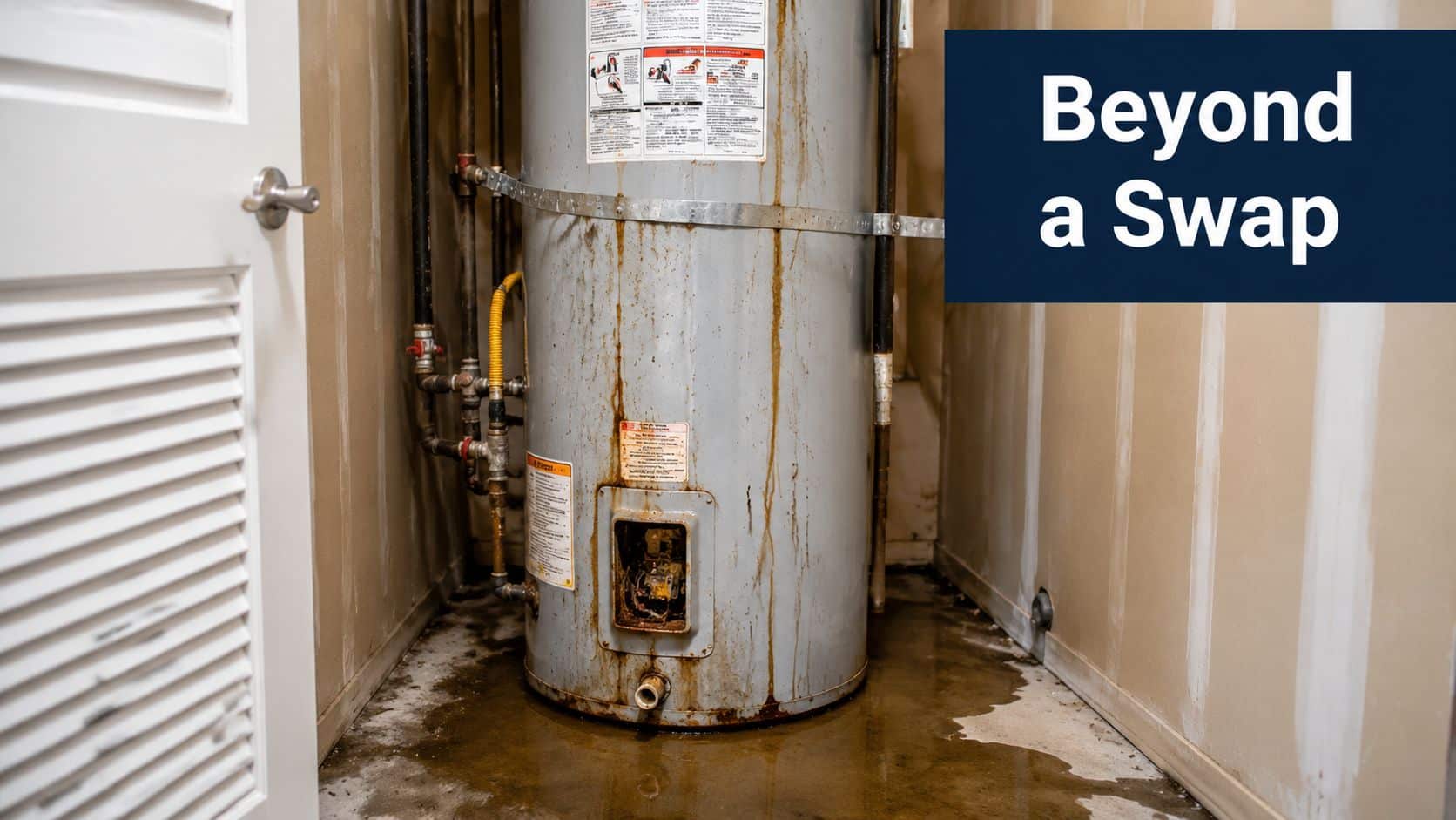 A leaking, rusty residential water heater unit sitting in a utility closet with water on the floor.