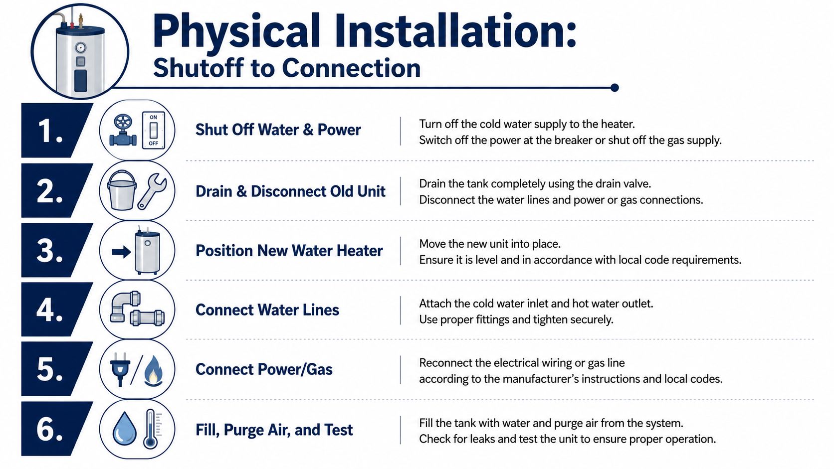 A six-step infographic showing the process of physically installing a new water heater unit.