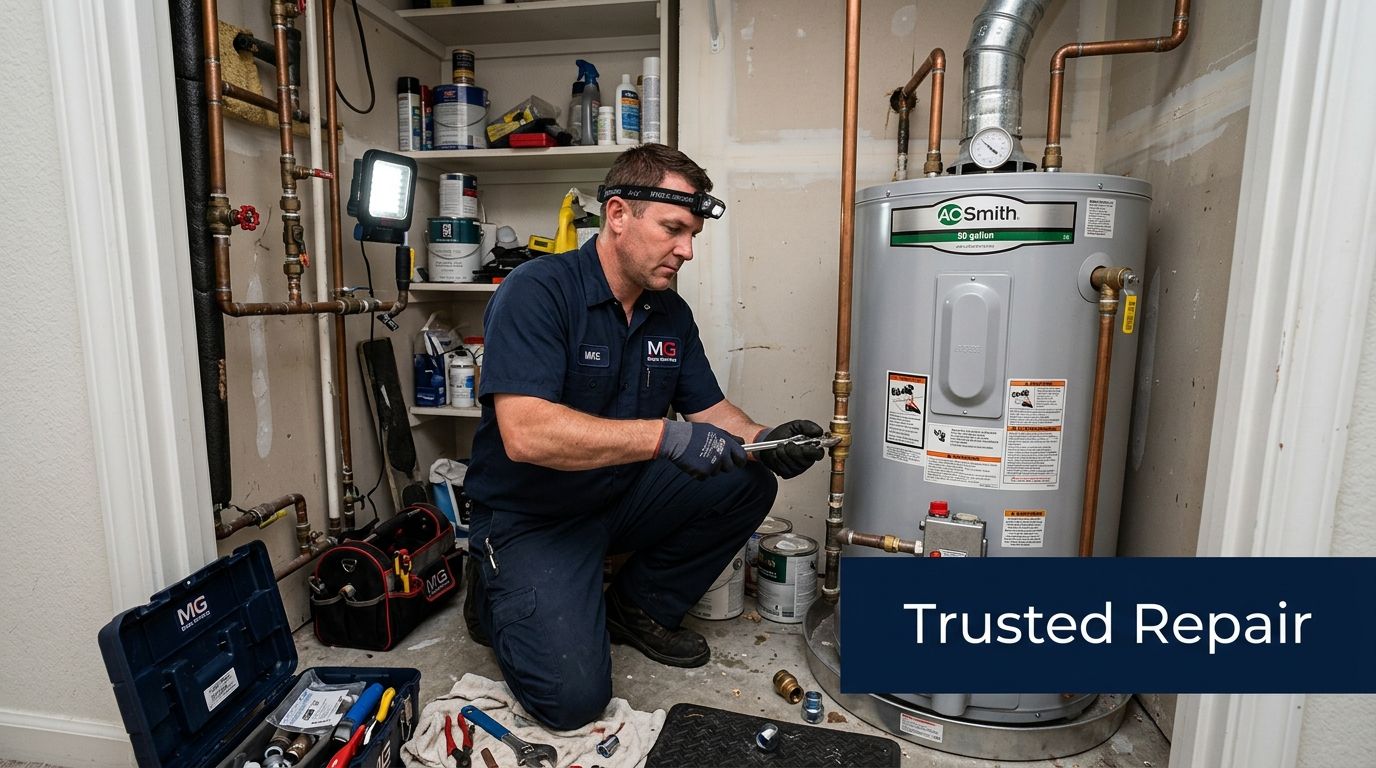 A professional technician wearing a headlamp repairs a residential water heater in a small utility room closet.