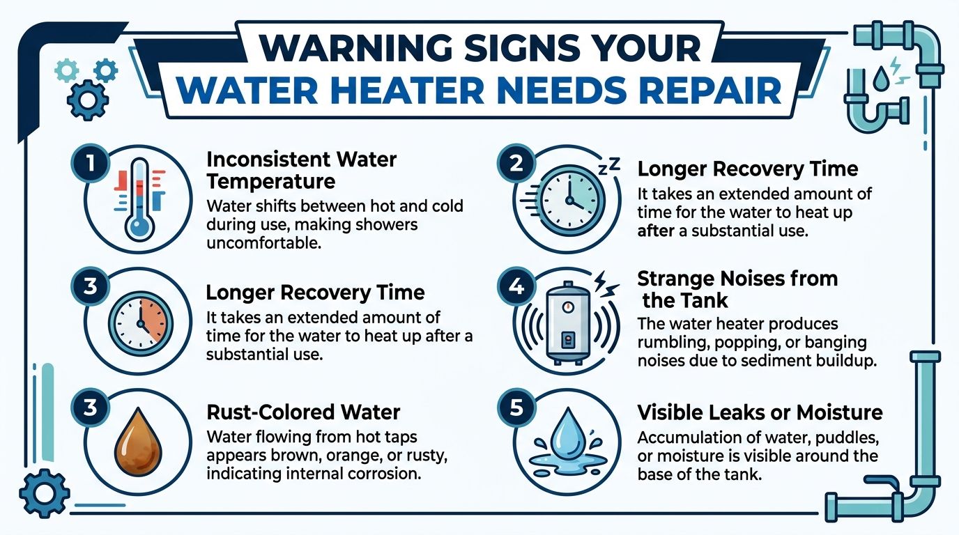 An infographic showing five warning signs that a home water heater needs professional repair services.