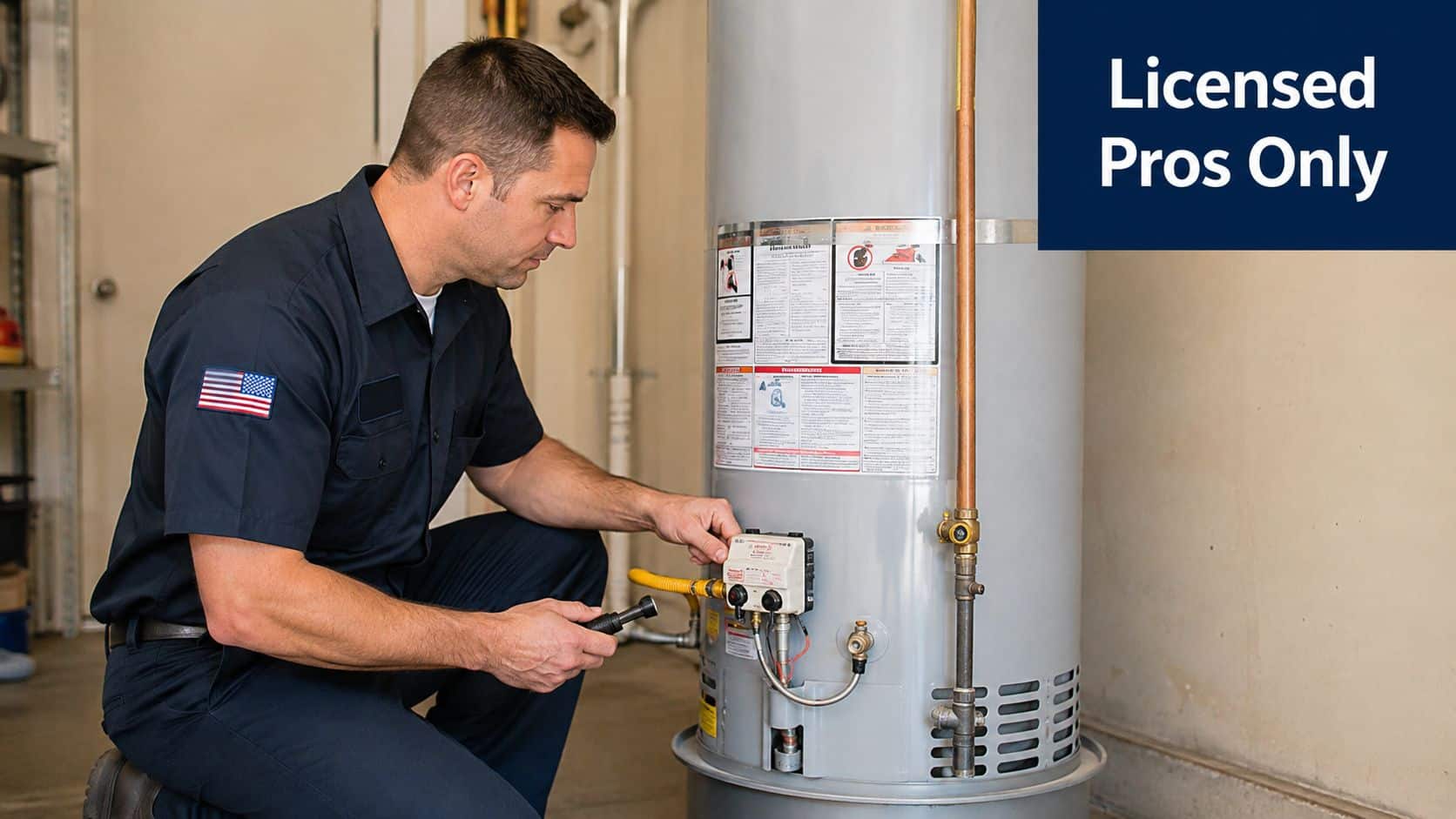 A professional technician wearing a uniform inspecting a residential water heater in a garage setting.