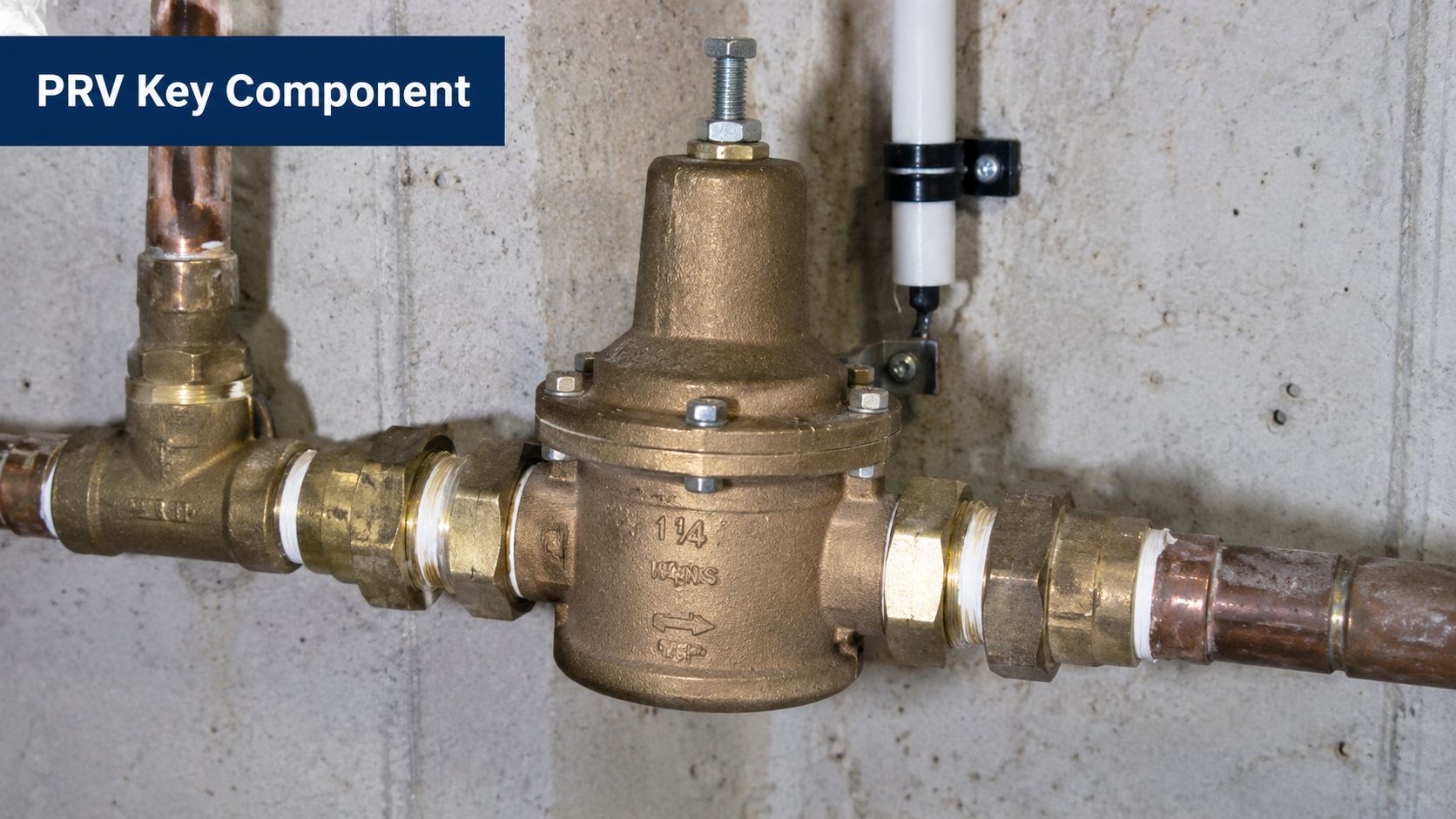 A brass pressure reducing valve (PRV) installed on copper residential water pipes against a concrete basement wall.