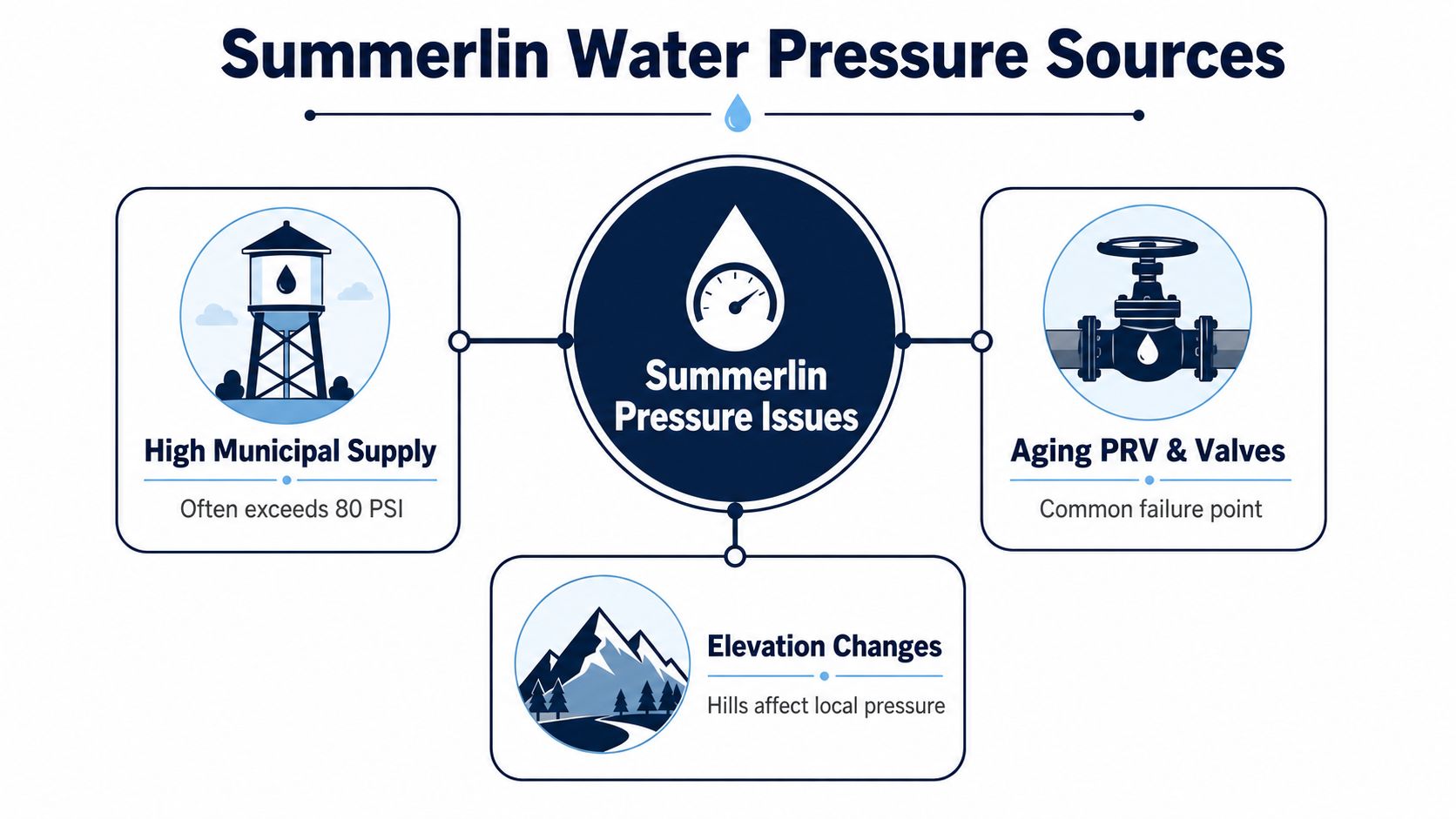 A diagram explaining three common causes for water pressure issues in Summerlin, Nevada.