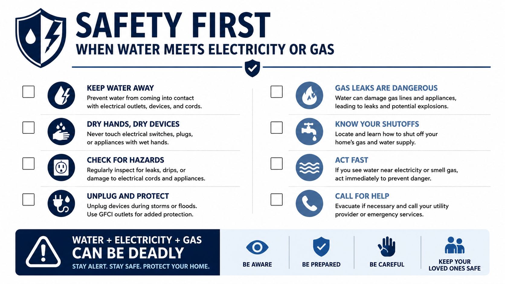 An infographic titled Safety First outlining emergency procedures when water interacts with electricity and gas utilities.
