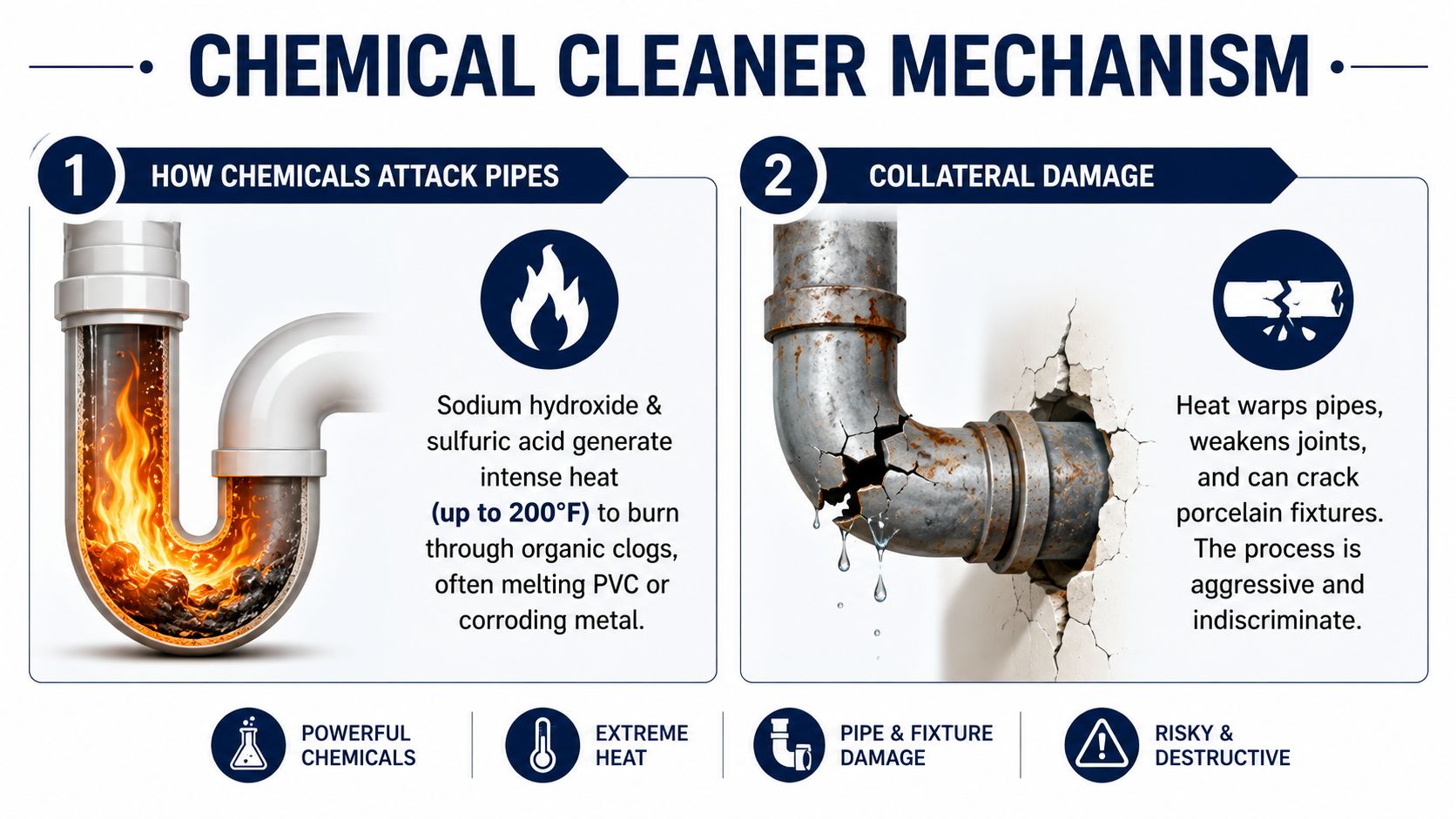An infographic illustrating how chemical drain cleaners generate intense heat that damages plumbing pipes and fixtures.