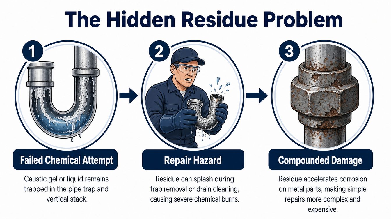 A three-step diagram illustrating how chemical drain cleaner residue causes pipe damage and safety risks during plumbing repairs.