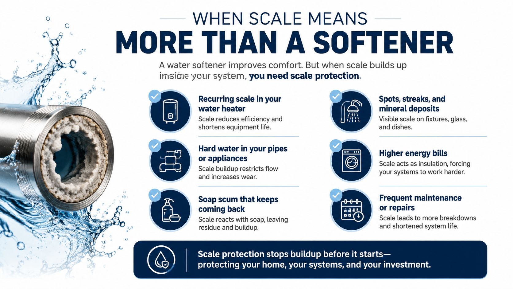 An infographic detailing the negative effects of scale buildup on home appliances, pipes, and plumbing systems.