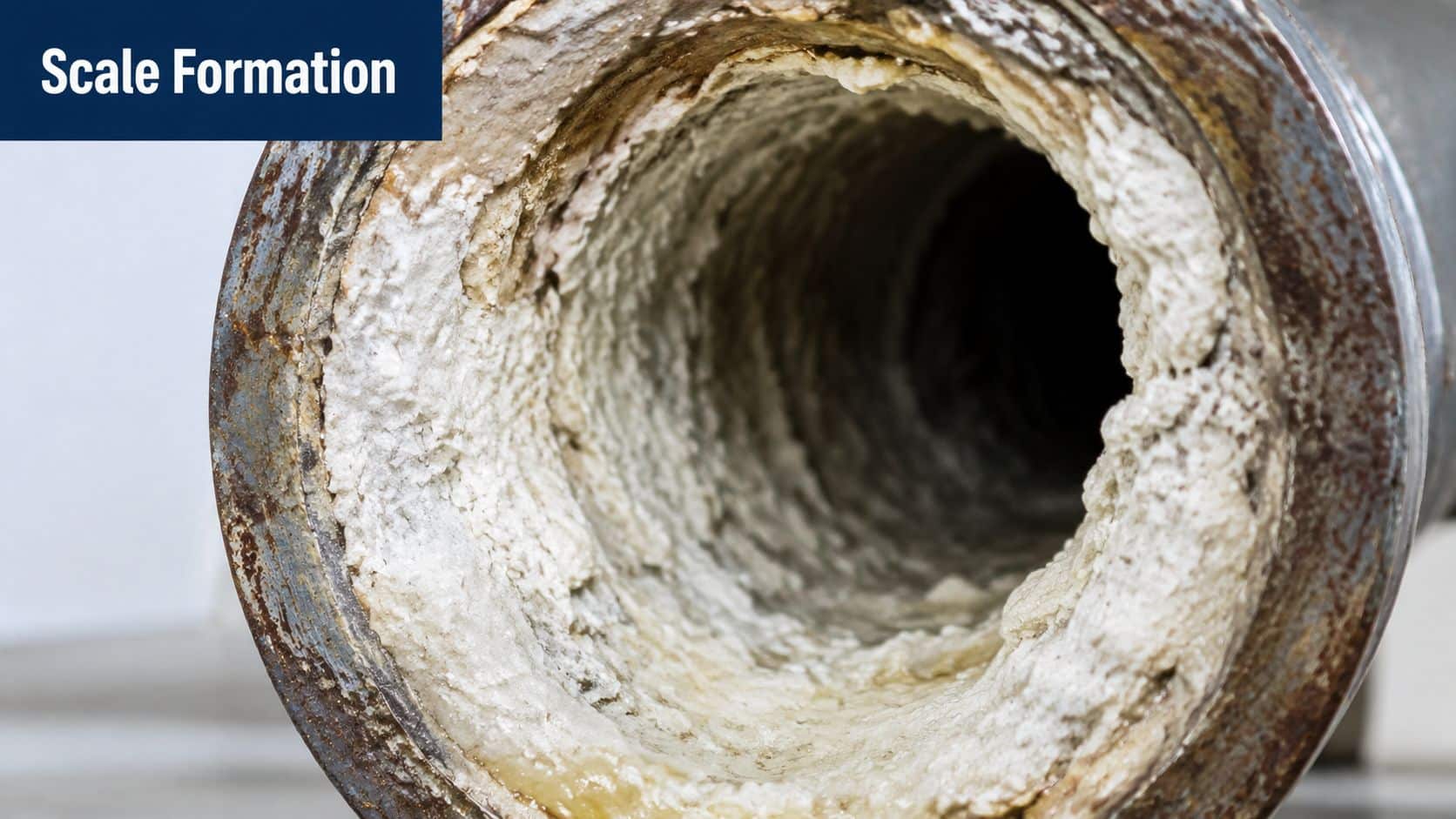 A close-up view of a metal pipe severely clogged with thick white mineral scale deposits and buildup.