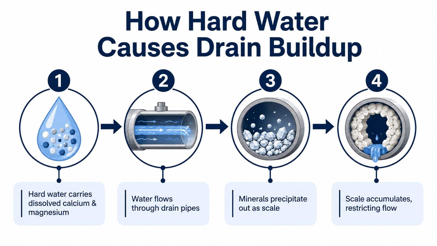 A four-step diagram illustrating how minerals in hard water create scale buildup inside plumbing pipes.
