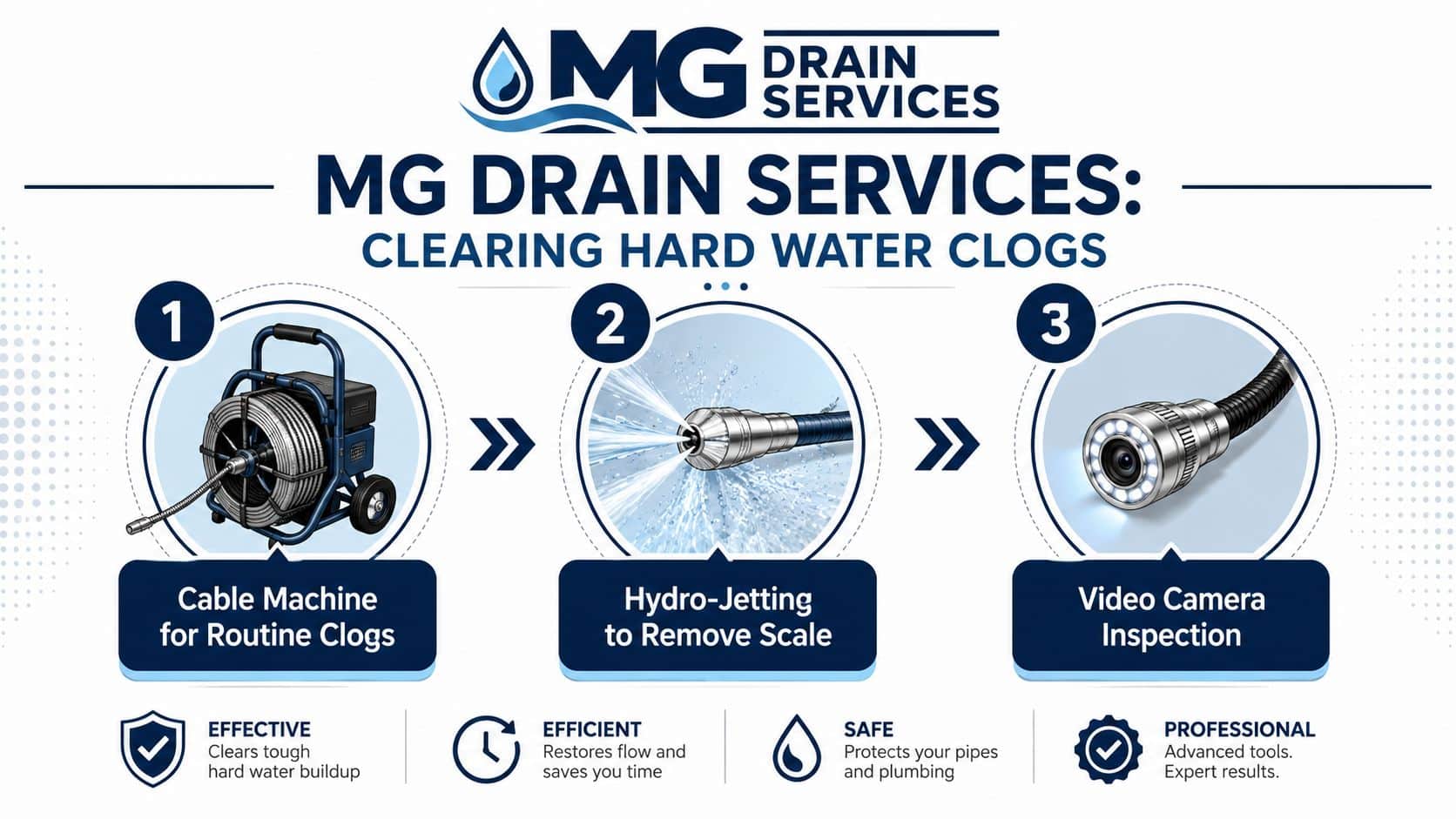 A professional infographic showing the three-step drain cleaning process including cable machines, hydro-jetting, and camera inspections.