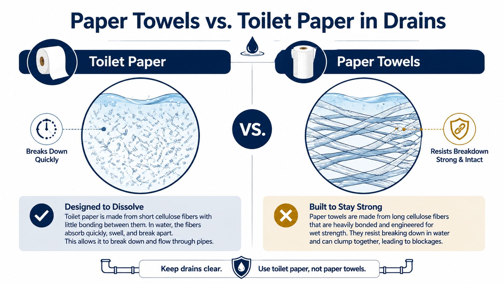 An infographic comparing the rapid breakdown of toilet paper versus the clog-causing strength of paper towels in drains.