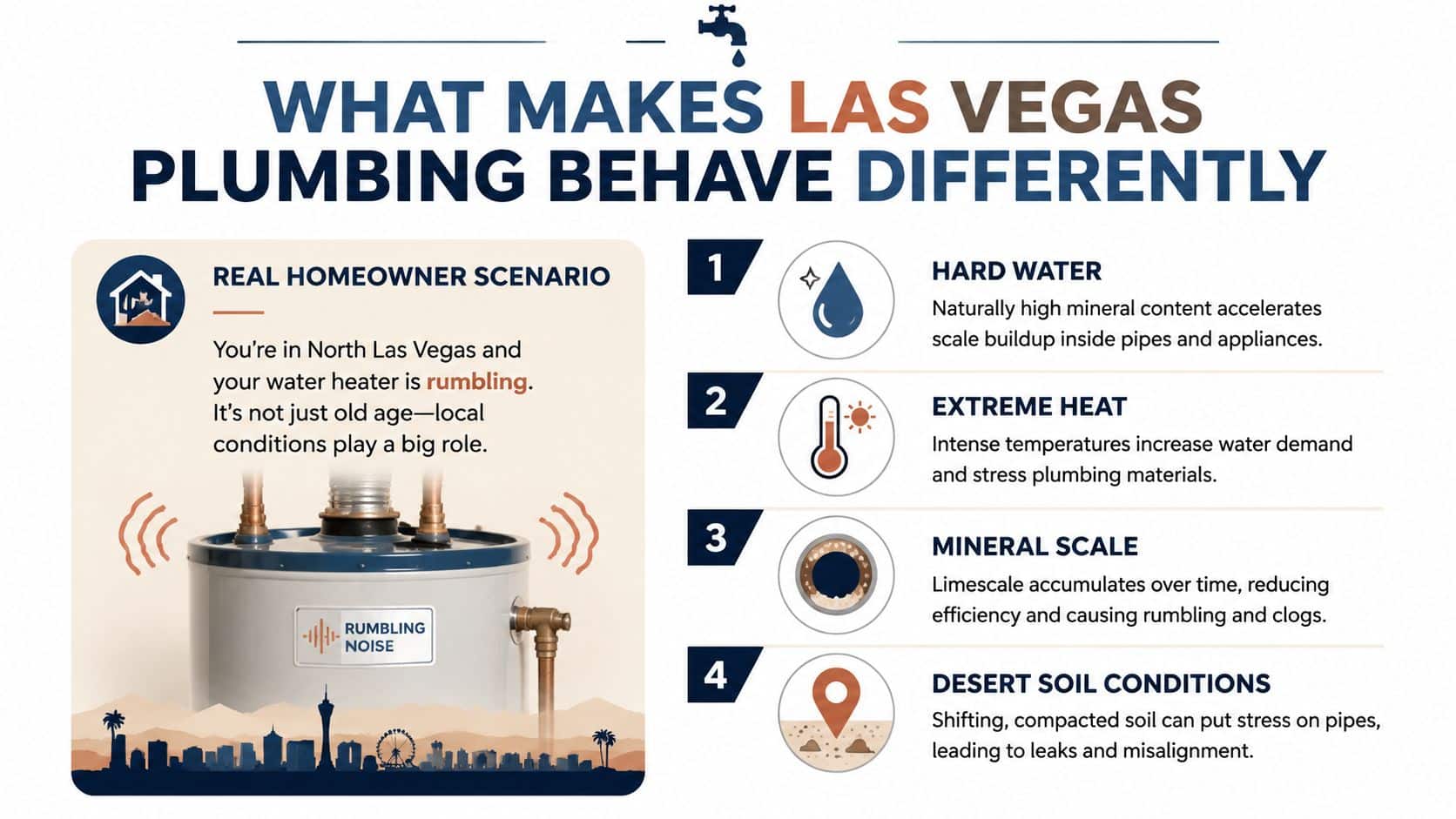 An infographic showing four reasons why Las Vegas plumbing systems, like water heaters, behave differently due to environmental factors.