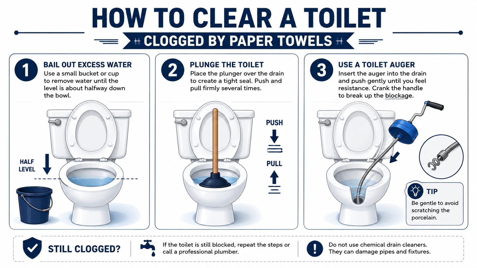 A clear infographic illustrating three essential steps for clearing a toilet clogged by paper towels.